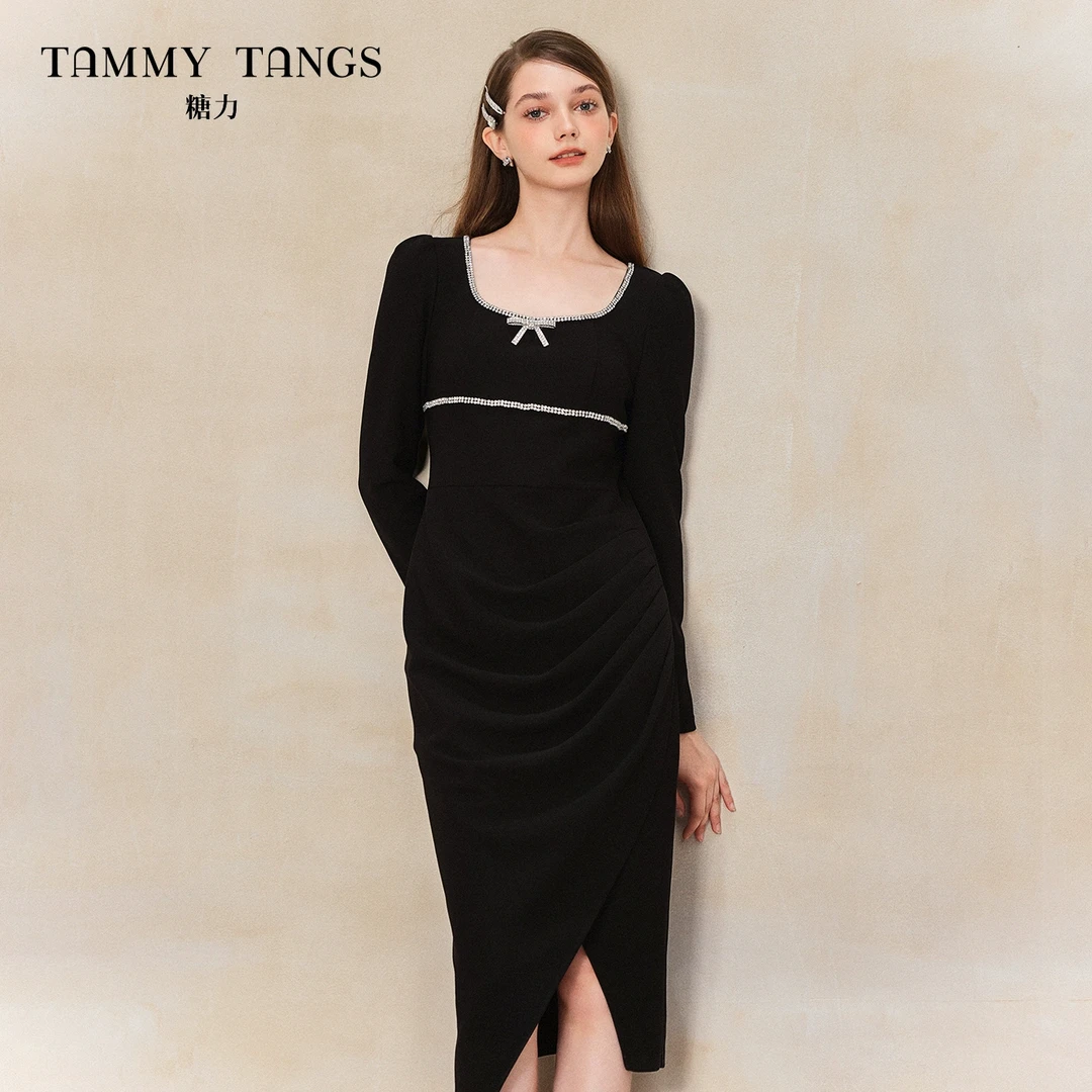 【丽公主】糖力千金玛德琳长袖钻饰针织连衣裙女中长款TWTCQ64022