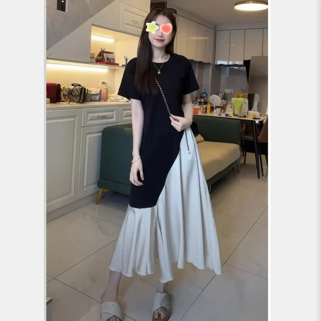 1156# 大码撞色拼接t恤连衣裙女夏季新款胖mm宽松显瘦裙子长裙子