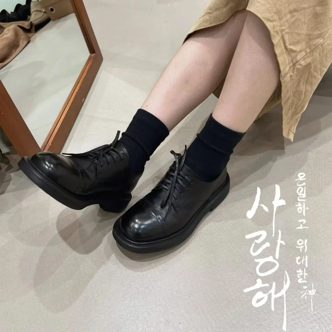 定制全皮水洗小牛皮单鞋深口粗跟英伦风乐福鞋缪系带皮鞋