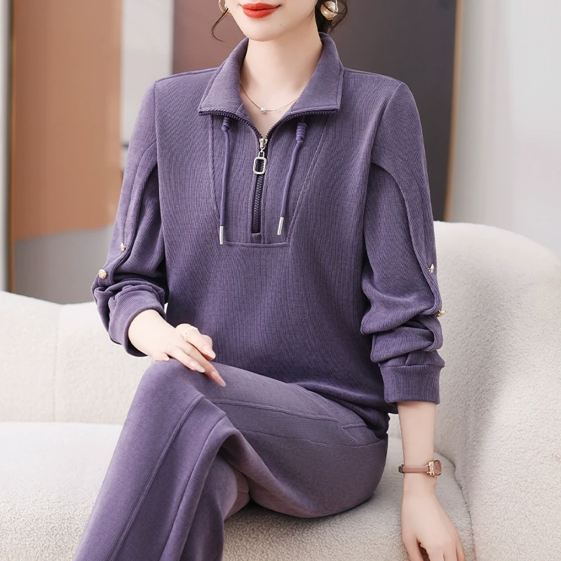 高级感运动服套装女春秋2025超火时尚条绒卫衣个性洋气减龄两件套