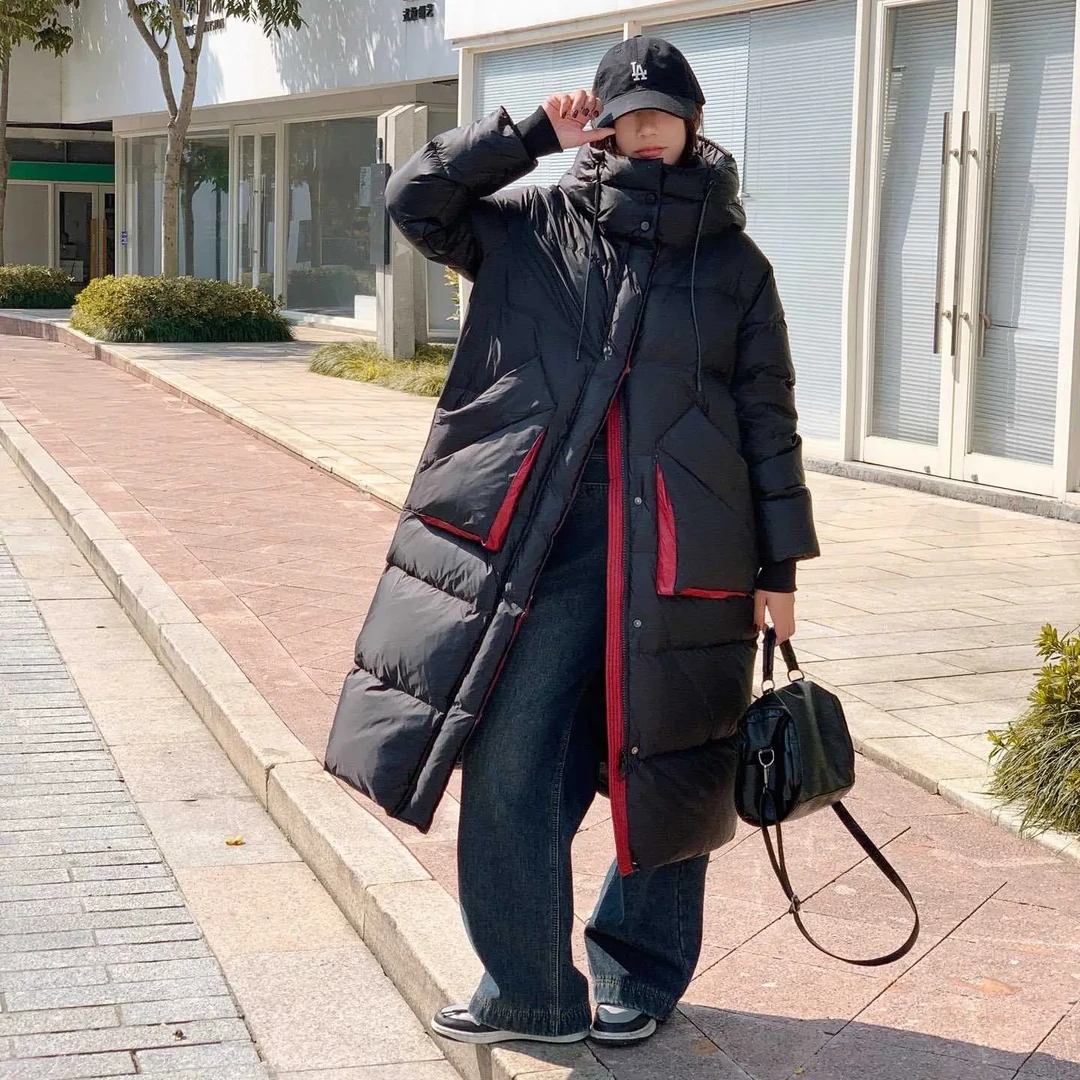 2025年冬季新款长款宽松保暖过膝长款厚款时尚连帽拉链情侣纯色