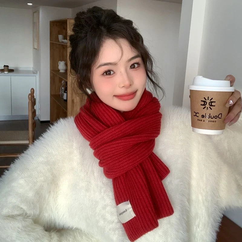 柔软针织围巾女冬季咖啡色纯色百搭韩版学生毛线保暖加厚围脖情侣
