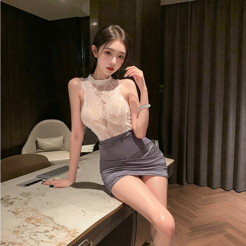 做你的菜~职业秘书显瘦蕾丝花纹透视高腰拼接包臀制服时尚打底H63