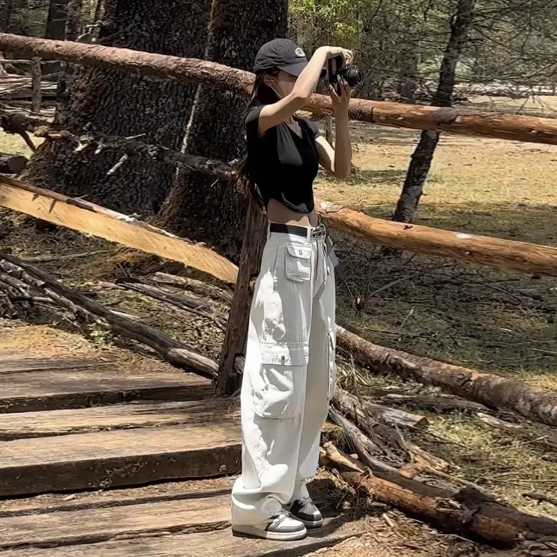 美式白色复古工装裤女秋冬新款高腰宽松大码显瘦阔腿直筒休闲裤子