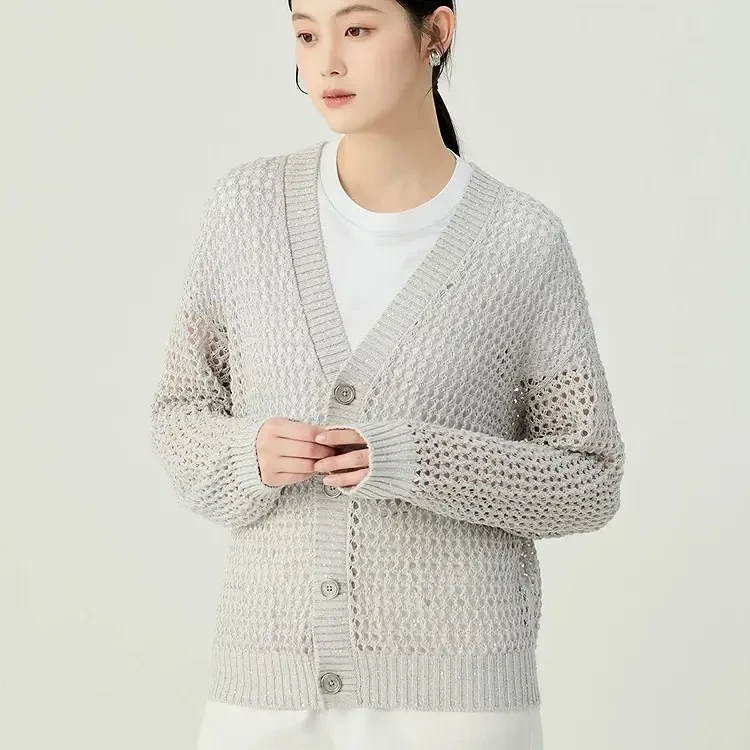 【官方正品】慵懒夏日亚麻深V领网格针织开衫548008