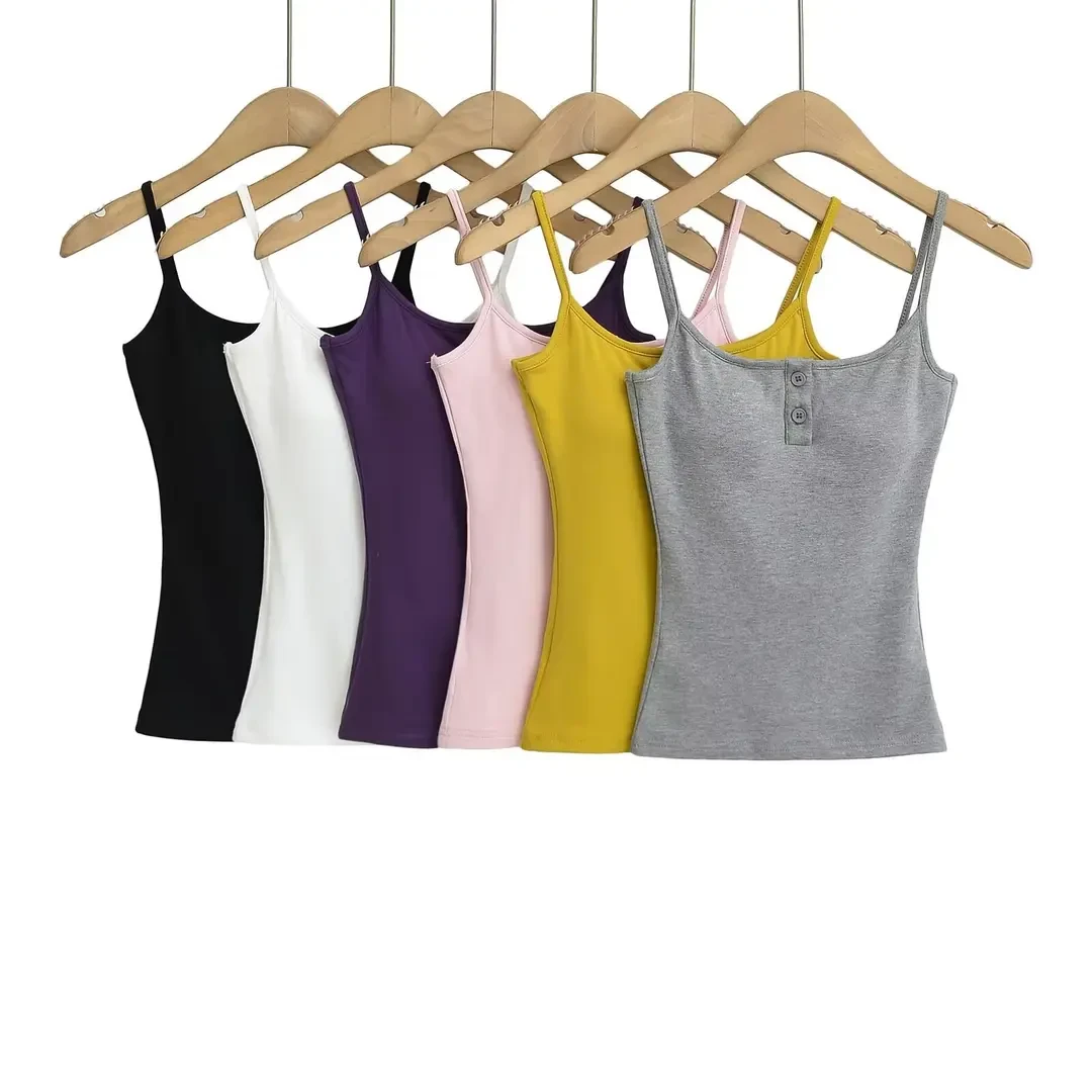 秋冬新款磨毛纯欲风纽扣无袖带胸垫吊带背心收腰短款打底上衣显瘦