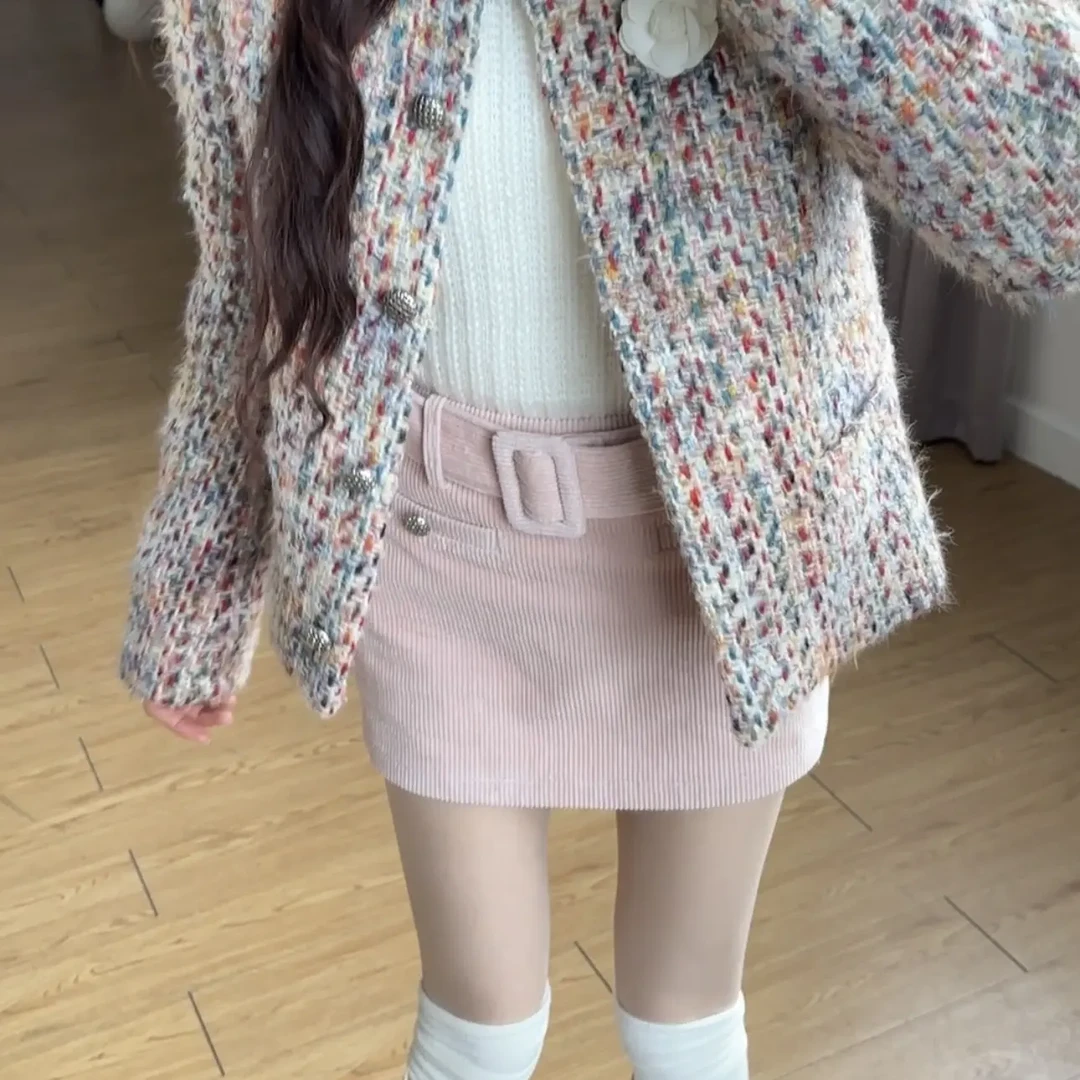 小小仟 羽绒内胆柔光铃兰 粉色灯芯绒无袖背心包臀半身裙套装