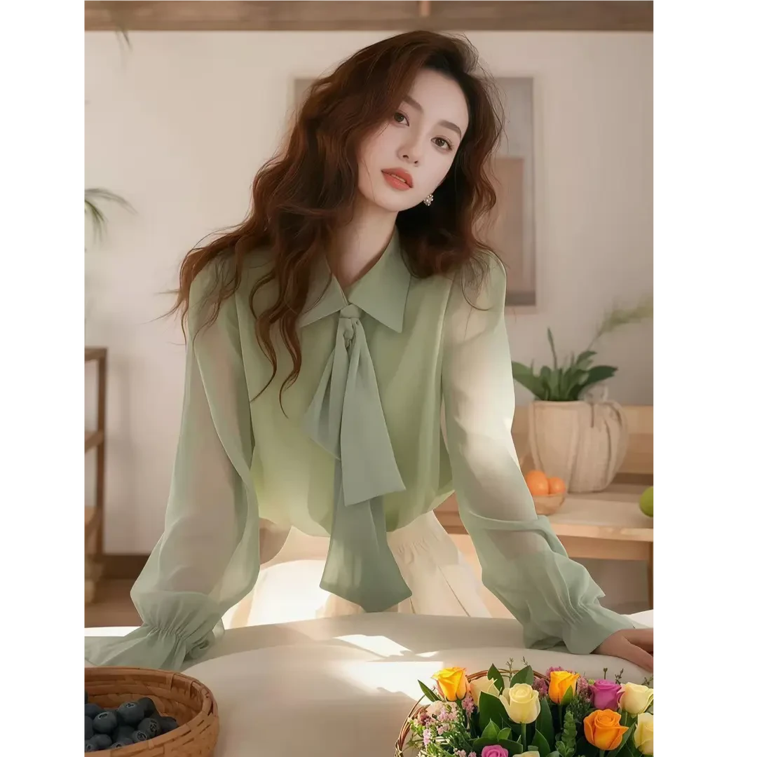 4176绿色蝴蝶结衬衫女职业春装超好看独特漂亮上衣新款雪纺小衫