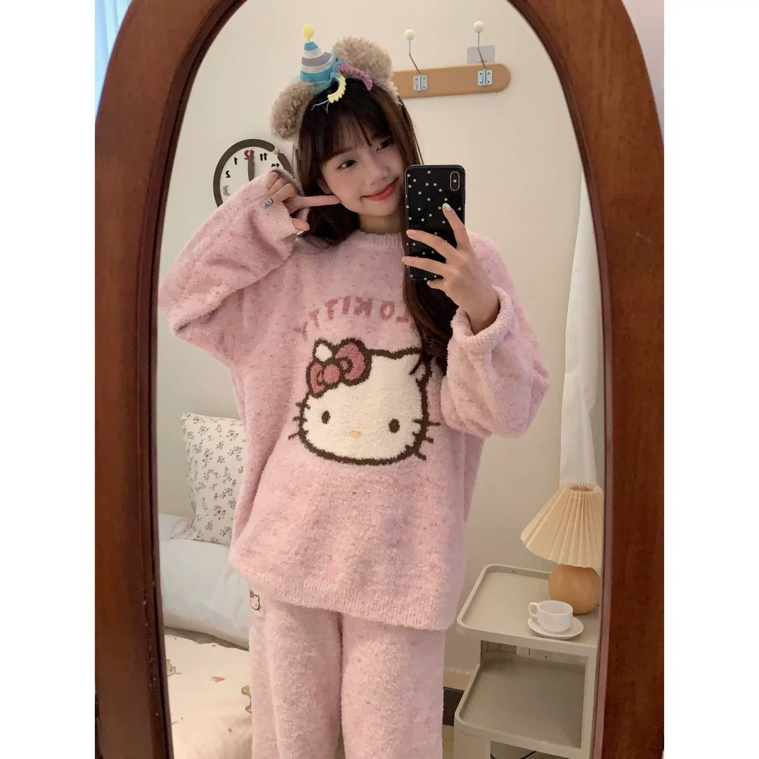 【甜美可爱Kitty】半边绒睡衣冬季新款加厚加绒大码家居服套装