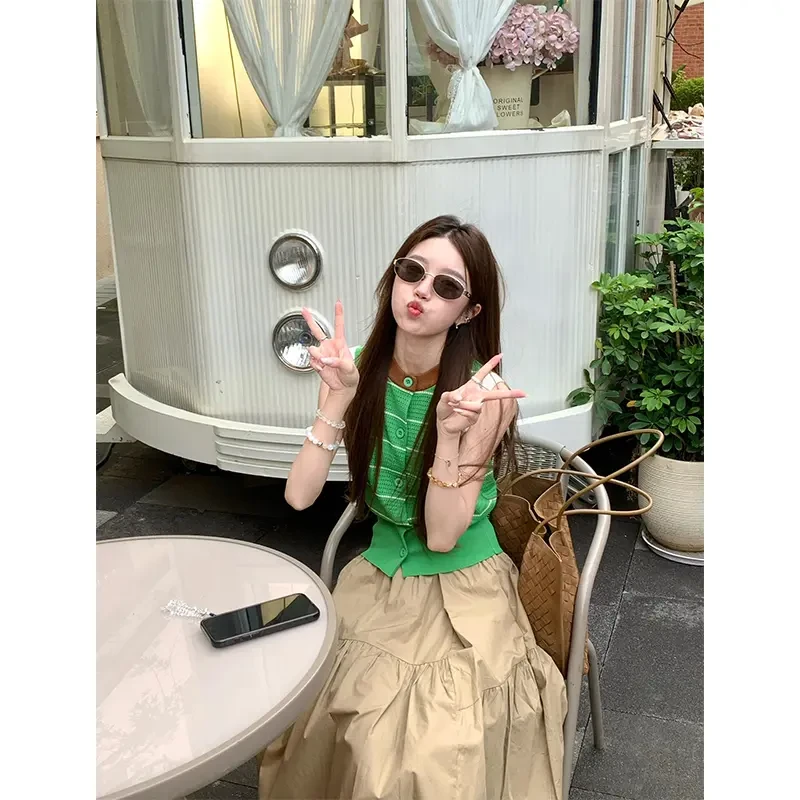 夏季新款甜美可爱风格衣服多巴胺修身显瘦针织上衣显瘦半身长裙女