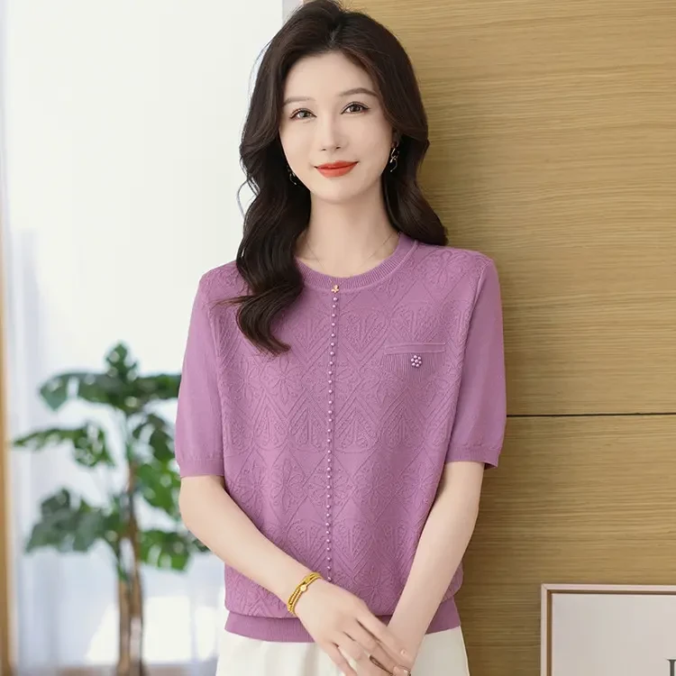 新款妈妈装清凉丝短袖T恤女宽松设计感透气上衣碎花休闲