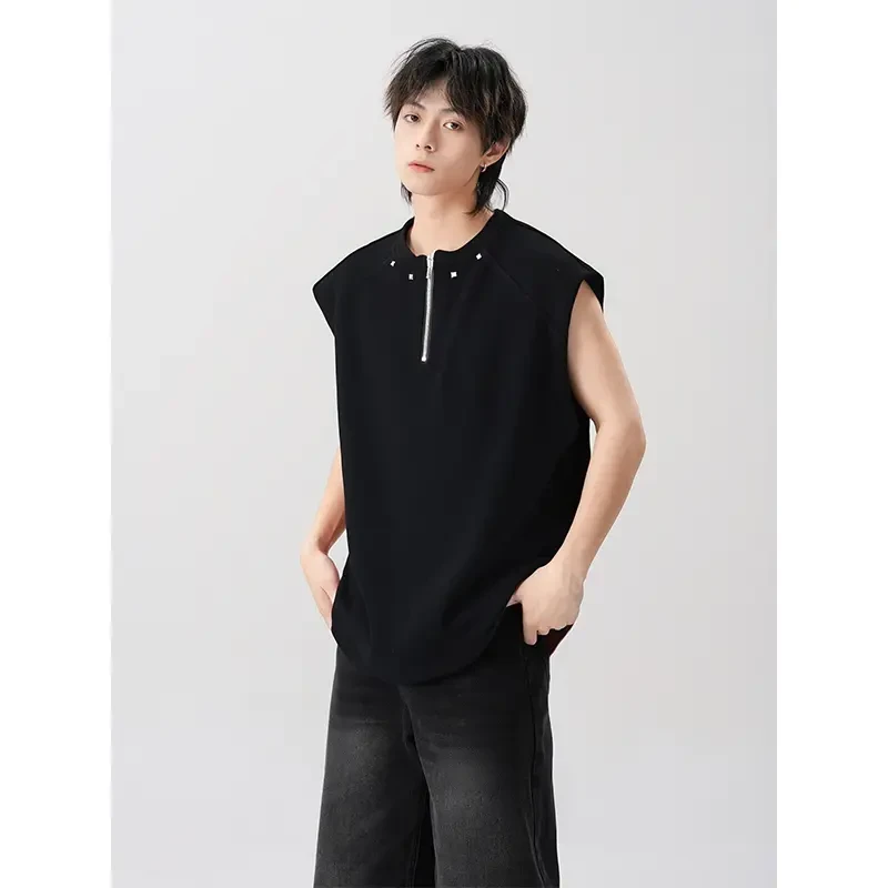 黑色半拉链正肩坎肩男夏季柳钉设计感正肩T恤cleanfit内搭打底衫