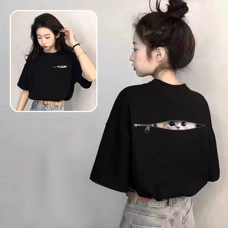 小猫黑色新款百搭短袖t恤女2025洋气爆款设计感上衣宽松显瘦体恤