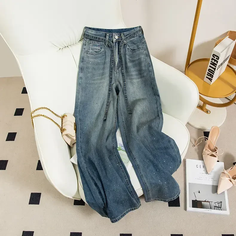 【现货发+牛仔腰带】重工满天星烫钻阔腿牛仔裤女宽松显瘦直筒裤