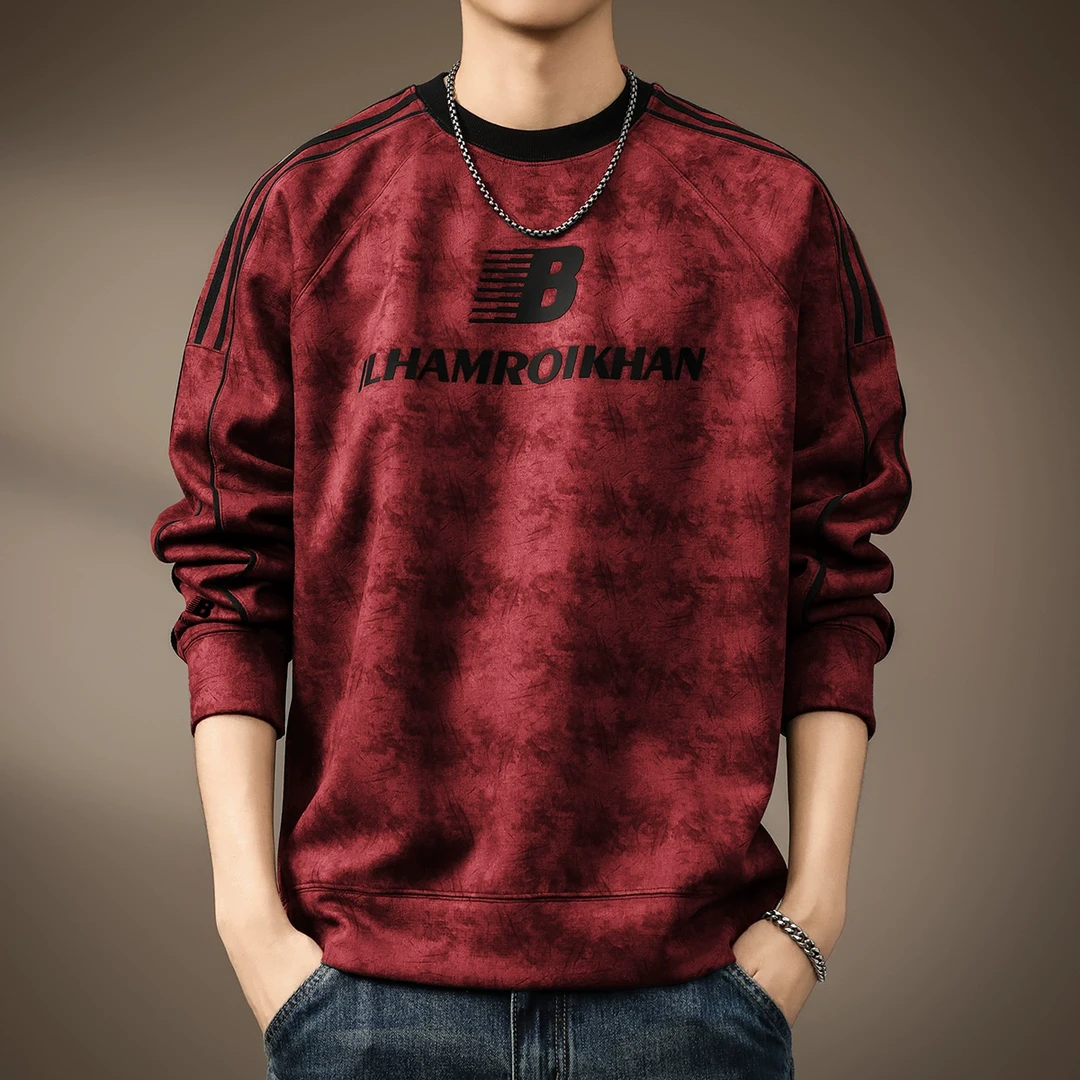 高端美式满印花插肩运动卫衣男秋季重磅休闲宽松条纹红色休闲外套