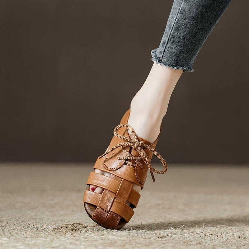 复古真皮包头罗马凉鞋女2024夏季新款软底镂空女鞋手工编织猪笼鞋