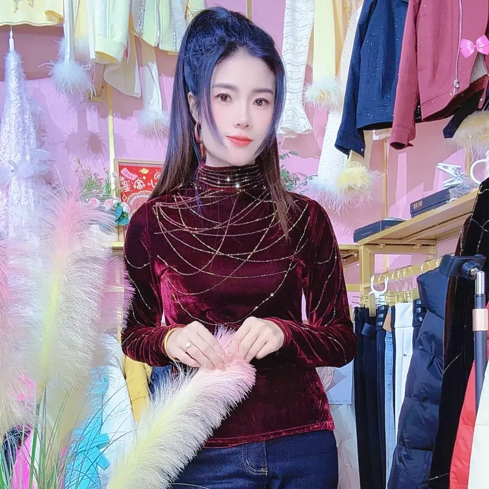 原版法式亮钻丝绒半高领T恤女气质潮流洋气修身显瘦百搭打底衫