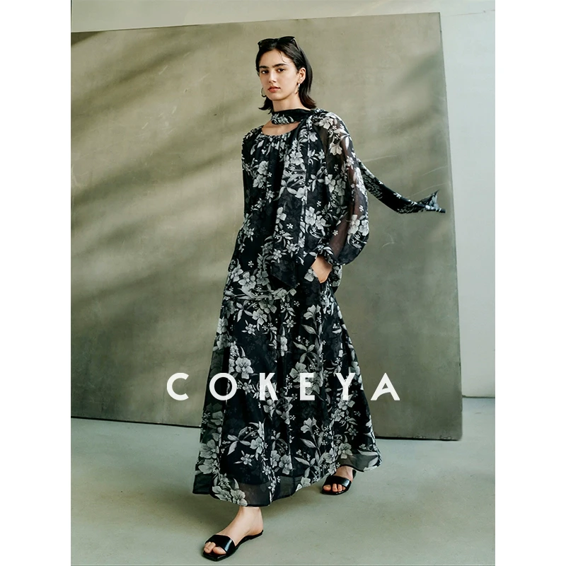 COKEYA/浪漫西西里~6A桑蚕丝浪漫法式印花套装裙一字肩上衣A字裙