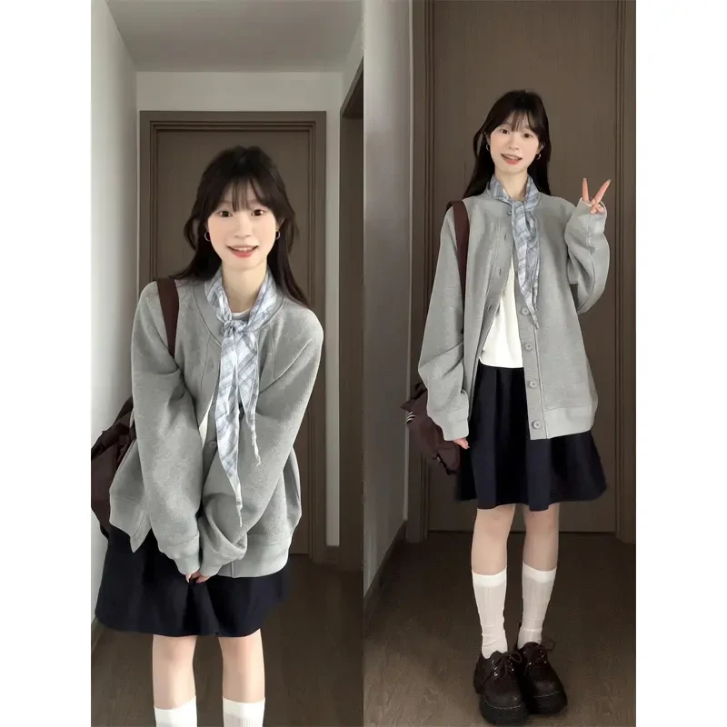 日系华夫格外套慵懒风小个子套装开衫卫衣女百褶裙a字短裙半身裙