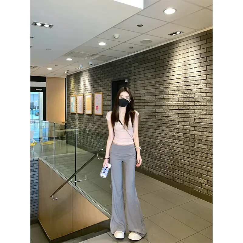 夏季套装新款高腰直筒显瘦休闲长裤两件套简约纯色正肩短袖上衣女