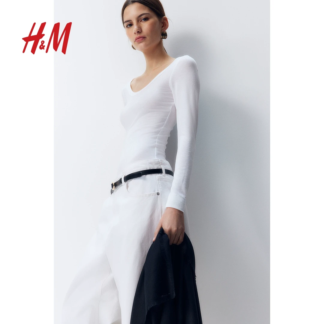 HM女装2025春季新款简约修身低圆领休闲百搭长袖打底上衣1269489