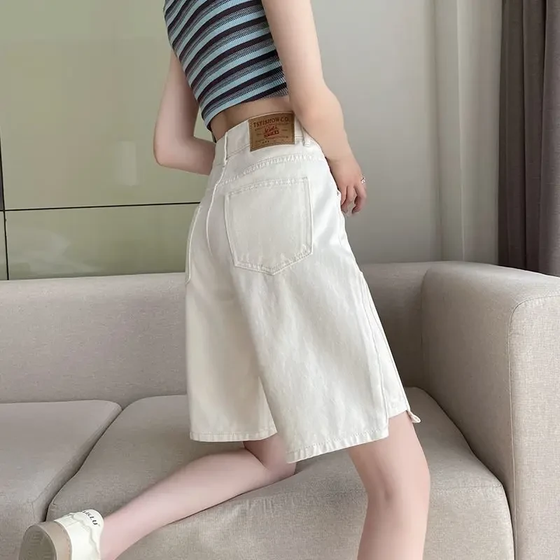 白色牛仔五分裤女2025夏季新款休闲时尚高腰短裤宽松显瘦阔腿中裤