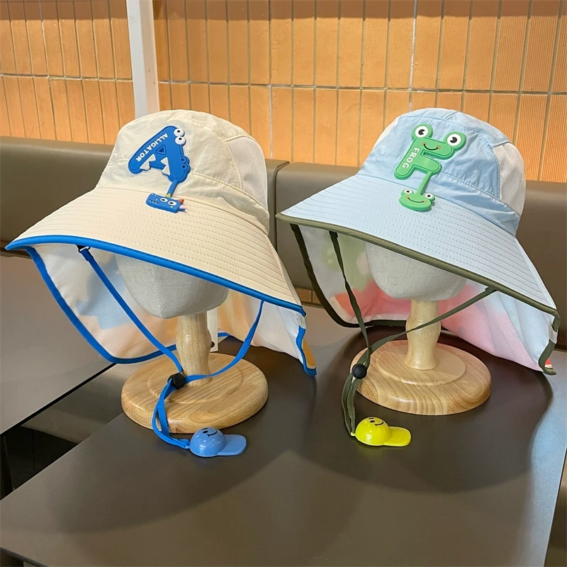 夏季新款儿童渔夫帽大檐网防晒披肩帽男沙滩女童夏天透气遮阳帽gh