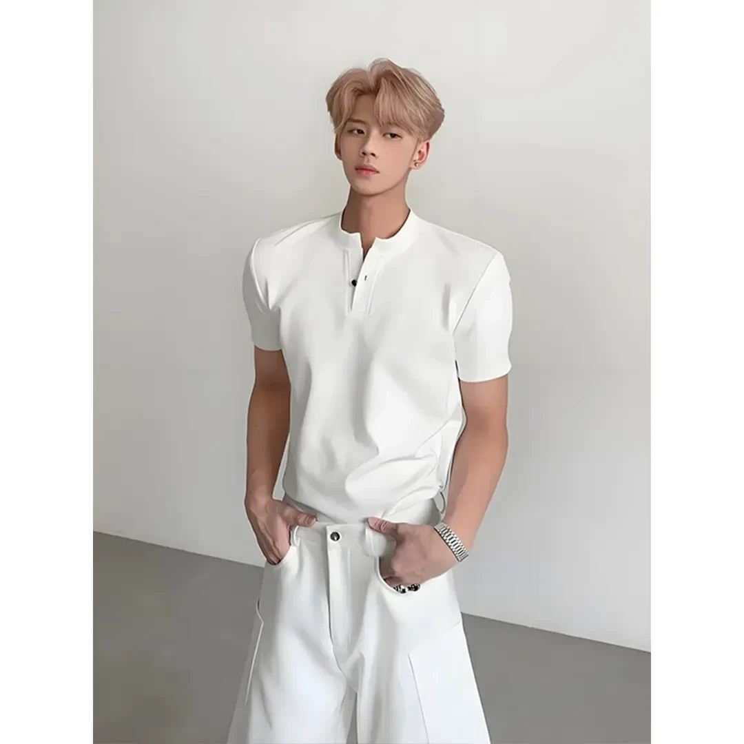 美式亨利领短袖男款夏季美式痞帅高级感T恤极简老钱风正肩POLO衫