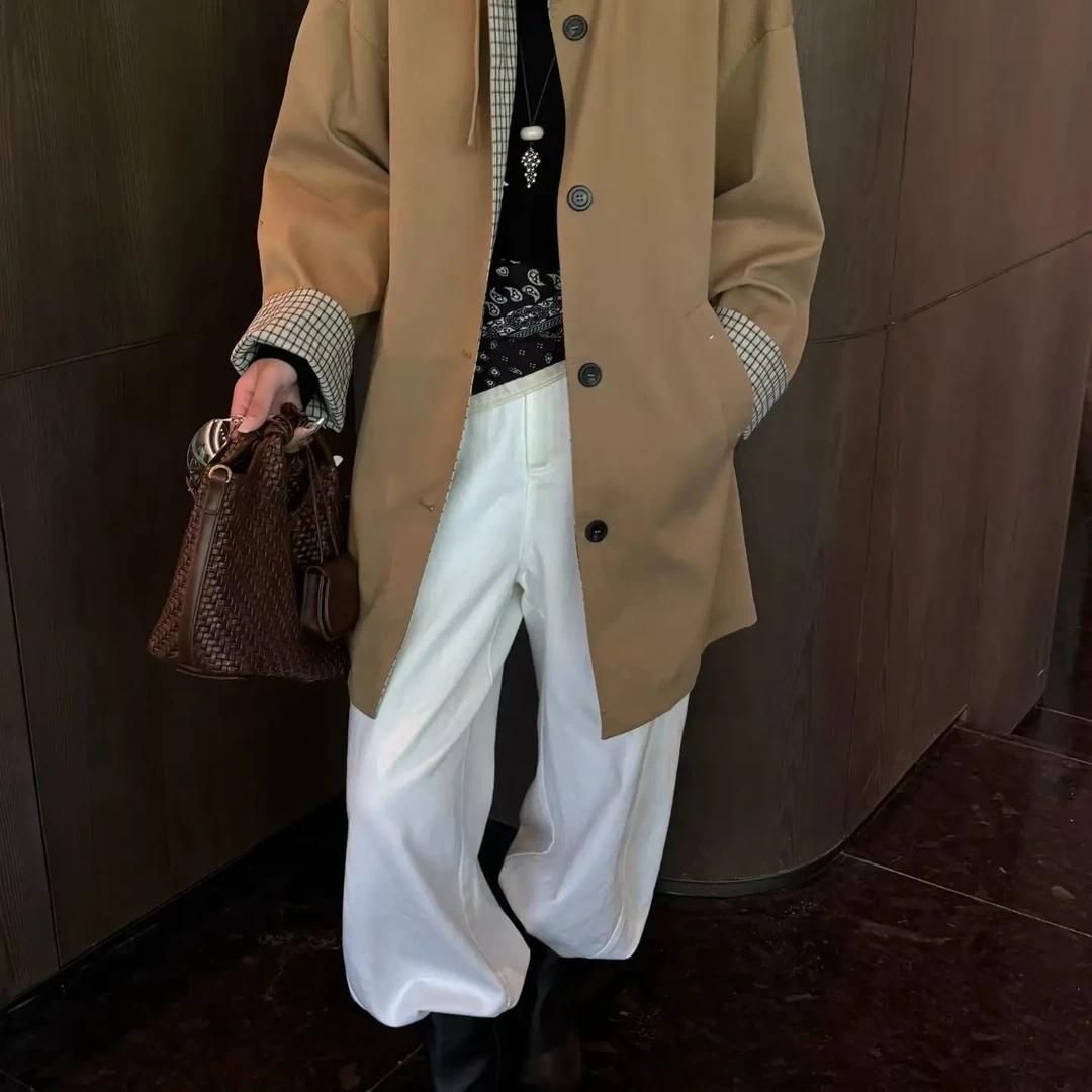 MLNH35678韩版百搭简约休闲格子长款风衣2025秋季新款宽松外套女