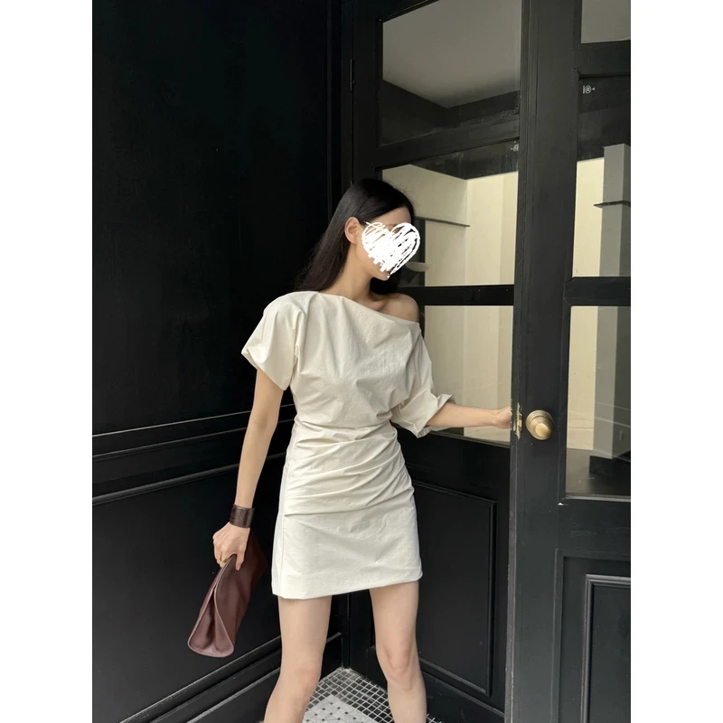 【艺展缪斯裙】斜肩两穿连衣短裙女夏季新款