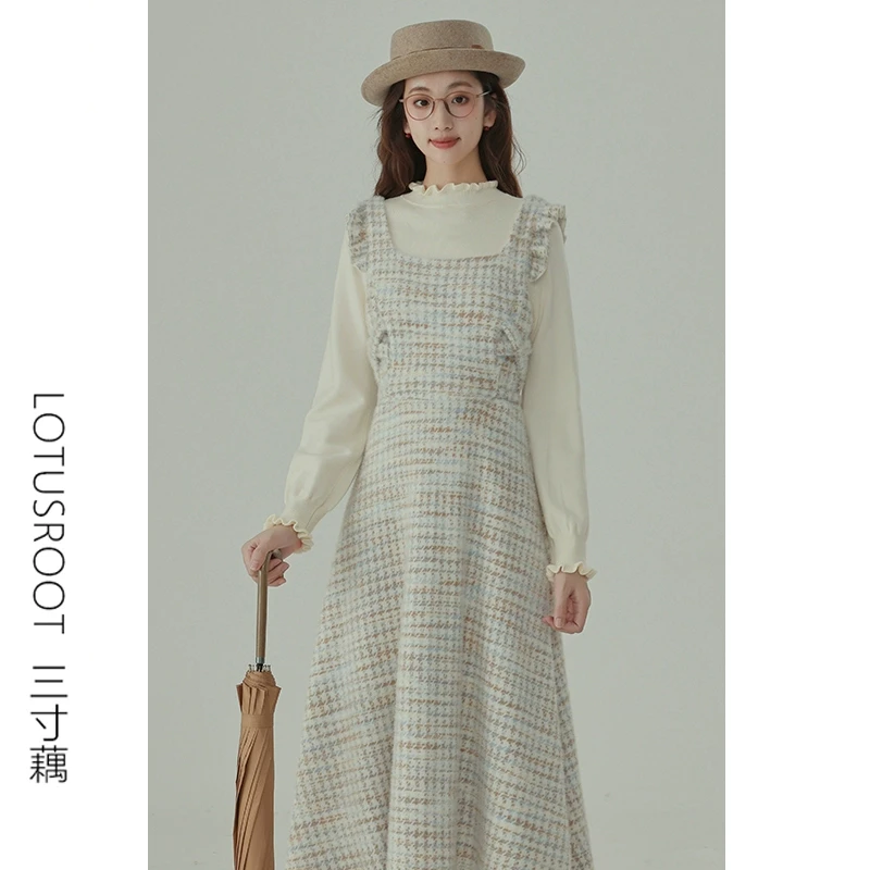 三寸藕【绮幻花信】冬季温柔风收腰显瘦背带连衣裙木耳边内搭3879