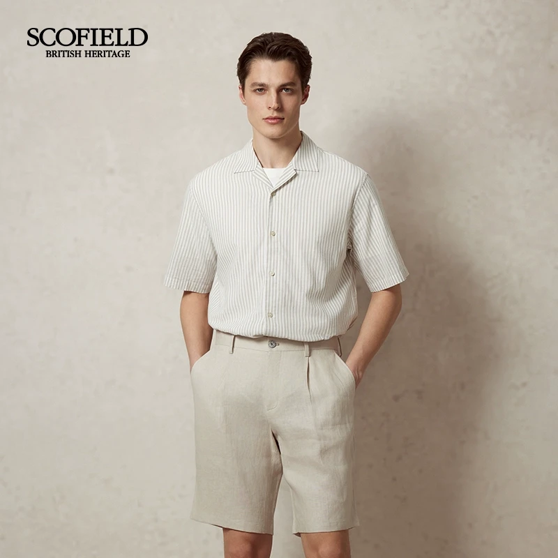 SCOFIELD男士25夏季新品简约棉麻条纹古巴领休闲短袖衬衫翻领上衣