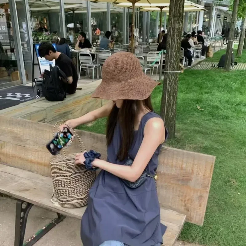 细草渔夫草帽新款钩针编织遮阳帽女夏季百搭老钱风宽檐可折叠盆帽