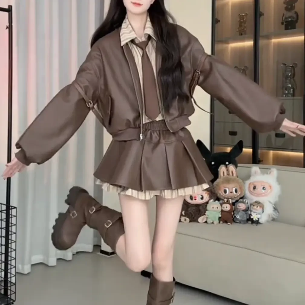 早秋季设计感衬衫拼接皮衣夹克外套遮肉显瘦百褶半身裙两件套套装