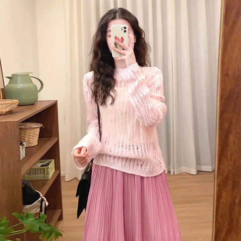 5070韩系粉色半身连衣裙子女2025早春开春装粉色镂空毛衣女新款