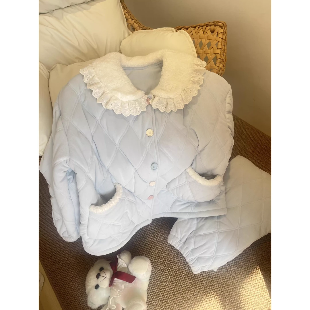 法式蕾丝花边娃娃领夹棉睡衣女冬季新款加厚保暖家居服套装可外穿
