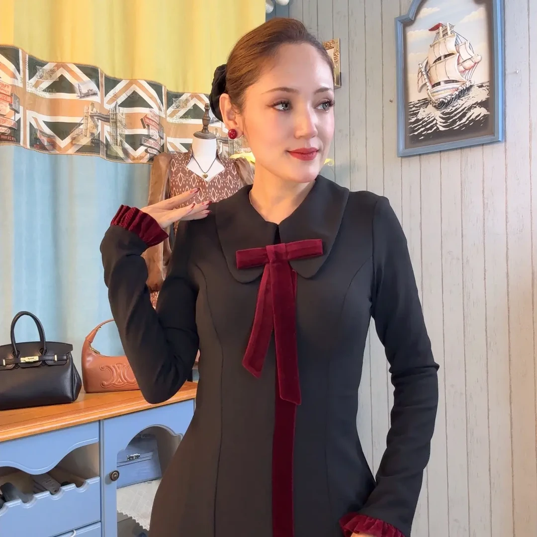 黑色福蝶结）秋冬新款蝴蝶结设计气质优雅修身显瘦连衣裙