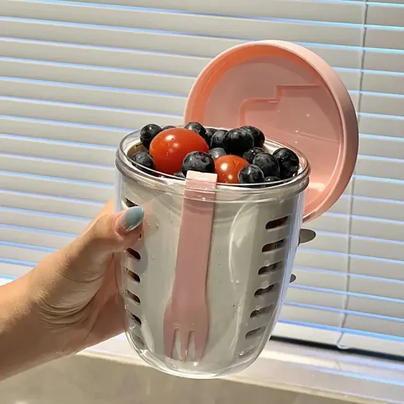 ins风水果沙拉杯隔夜燕麦杯便携式蔬菜杯奶昔酸奶早餐杯带盖轻食M