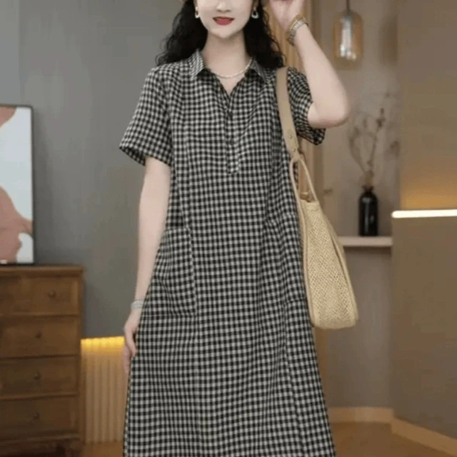 衬衫式连衣裙女2025夏季妈妈装高端气质宽松显瘦洋气减龄格子裙子