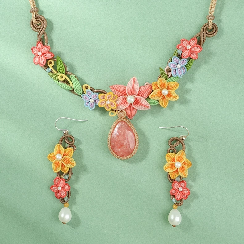 栖石原创中级编绳教程花开半夏编绳红纹石项链饰品手工编绳首饰