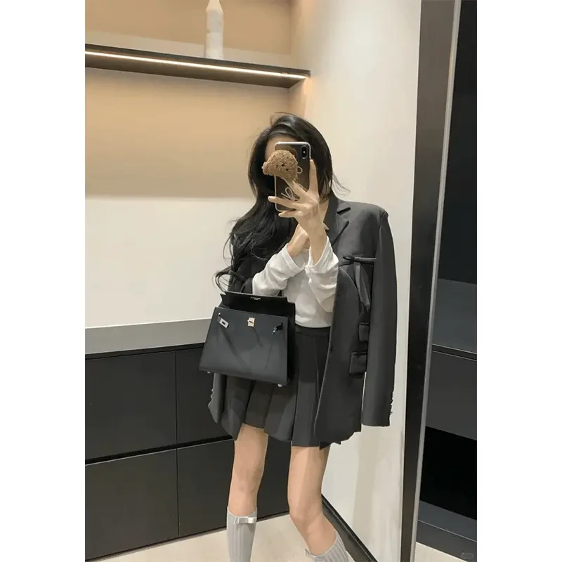 西装外套女年名媛小个子休闲西服灰色百褶裙短裙A字裙半身裙