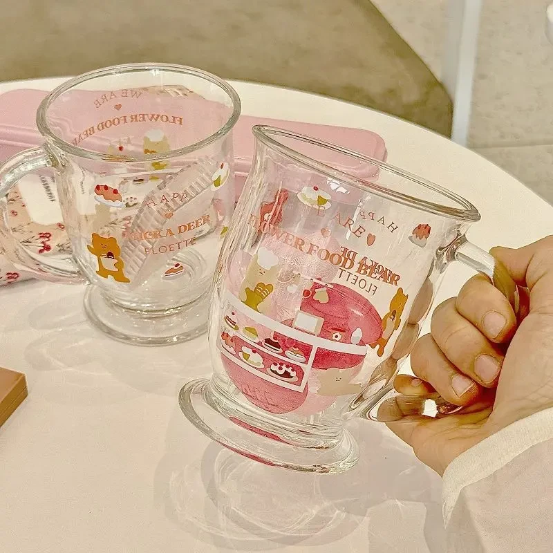 家用学生可爱小熊蛋糕杯子玻璃水杯子ins高颜值印花便携大容量