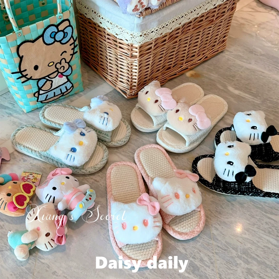 日系可爱亚麻kitty布艺凉席拖鞋居家透气吸汗防滑踩屎感一字拖鞋J