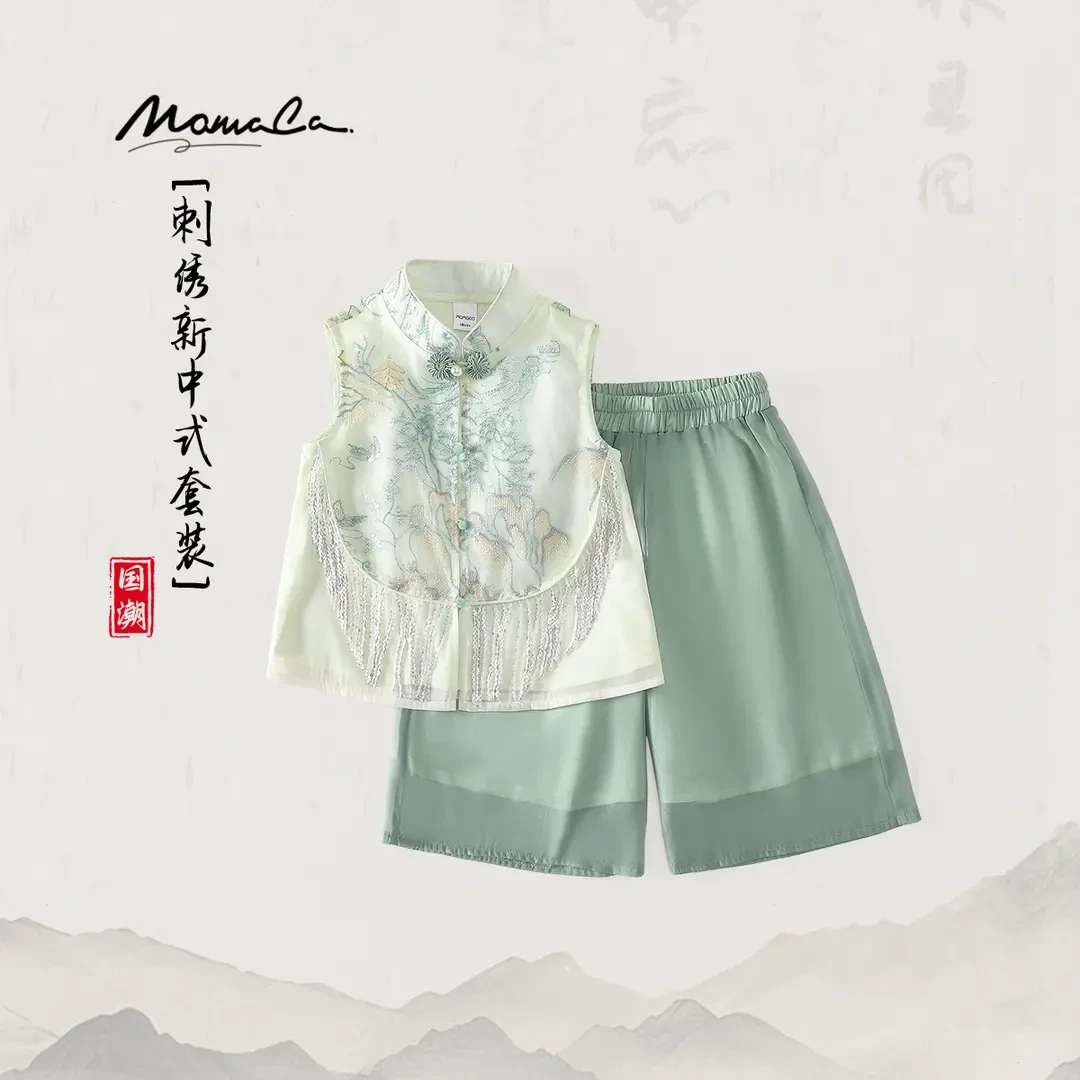 MOMOCO童装夏季新款刺绣中国风汉服女七分裤套装77630578060