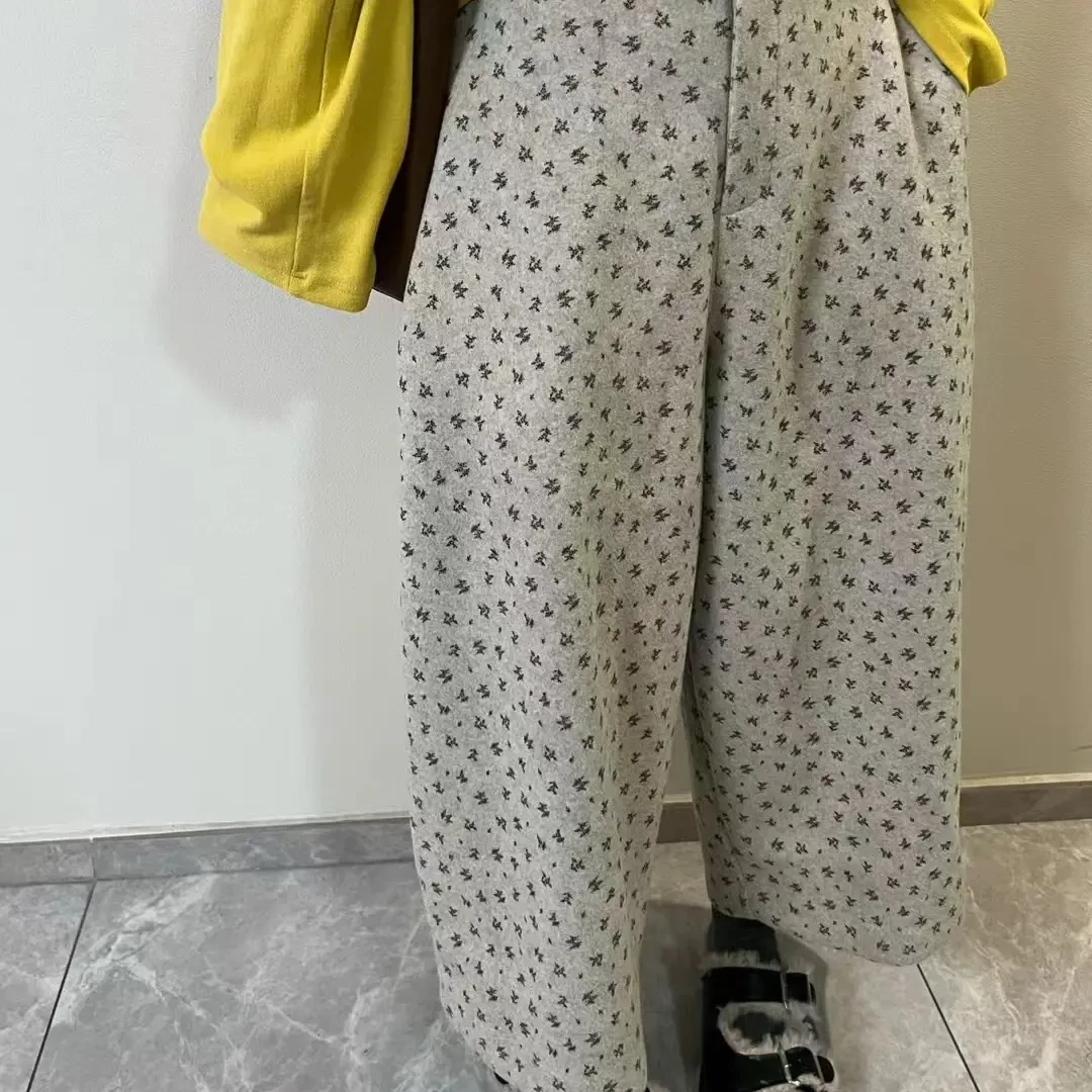 碎花高腰厚实百搭休闲阔腿裤秋冬新款加厚呢子裤