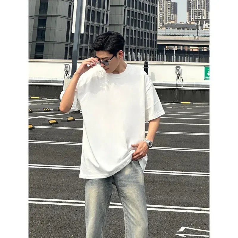 美式重磅纯棉短袖T恤夏成熟稳重男装小领口白色纯棉内搭打底半袖