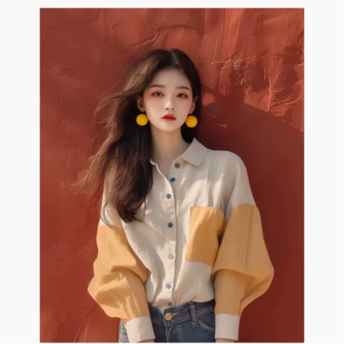 适用于设计感拼色灯笼袖Polo领衬衫女秋冬大码小众独特别致韩系宽
