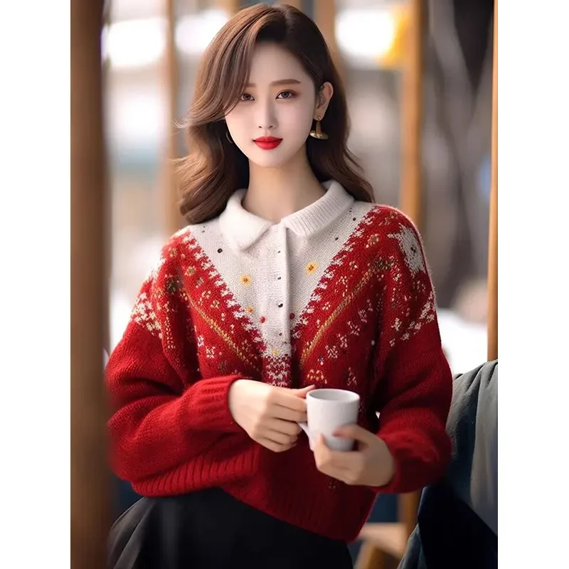 钩花红色穿搭毛衣女款冬季新款时尚减龄百搭针织上衣