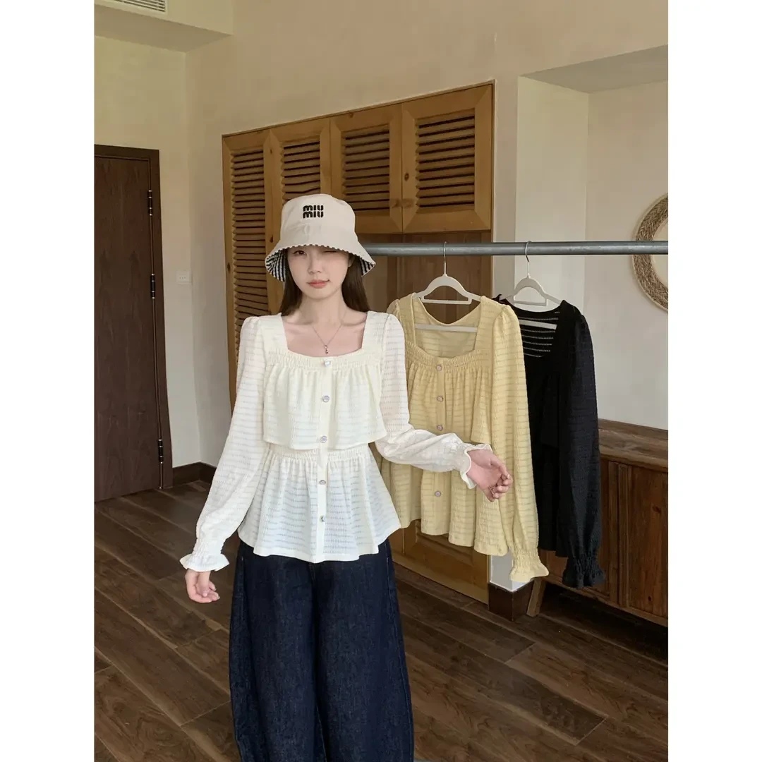 大码温柔减龄方领荷叶边衬衫女春秋胖mm宽松显瘦遮肉百搭小衫上衣