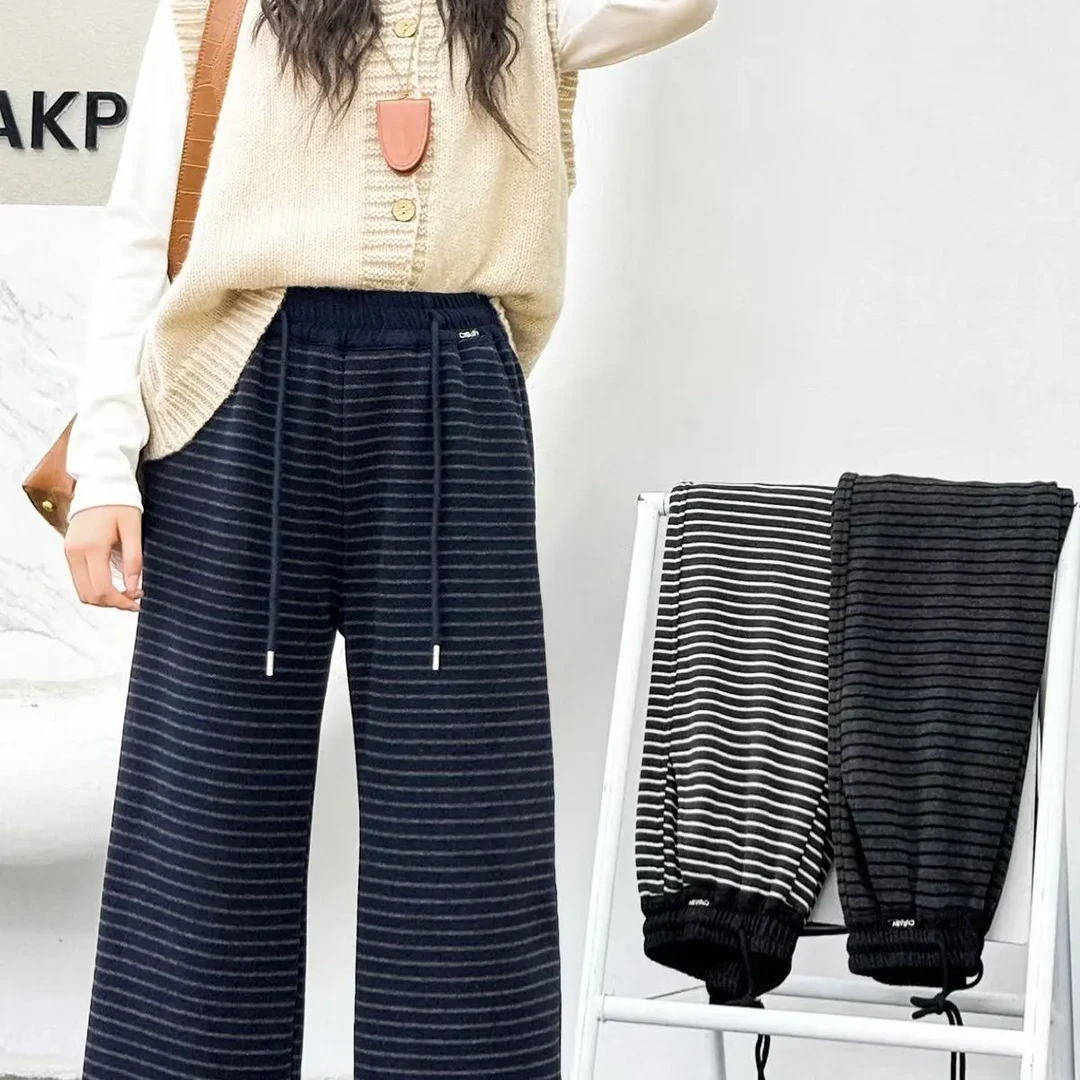 秋冬高腰显瘦宽松条纹阔腿裤休闲百搭时尚长裤